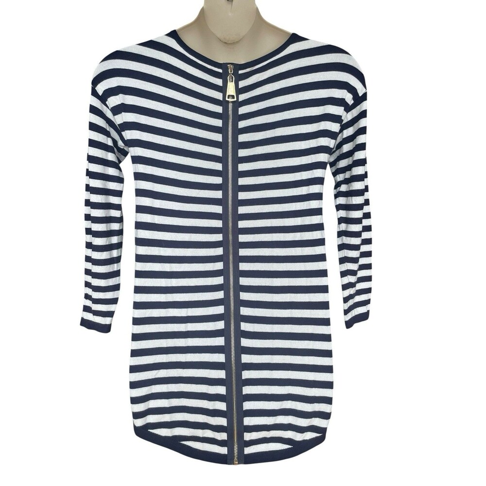 Coastal Soft Surroundings Navy White Nautical Sweater Margulies Back Zip Stripe
